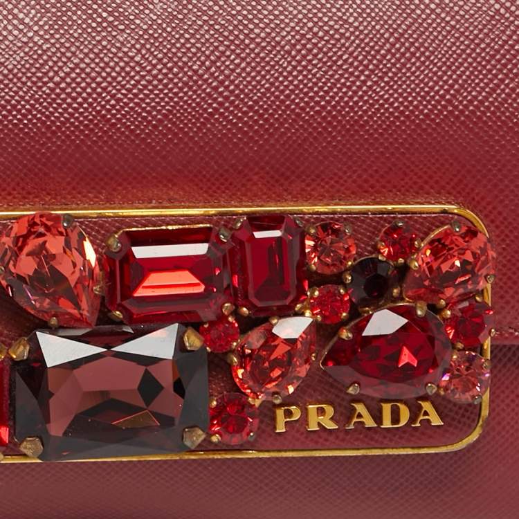 Pre Owned Prada Dark Red Leather Crystal Embellished Flap Continental Wallet