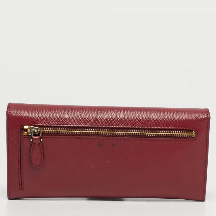 Pre Owned Prada Dark Red Leather Crystal Embellished Flap Continental Wallet