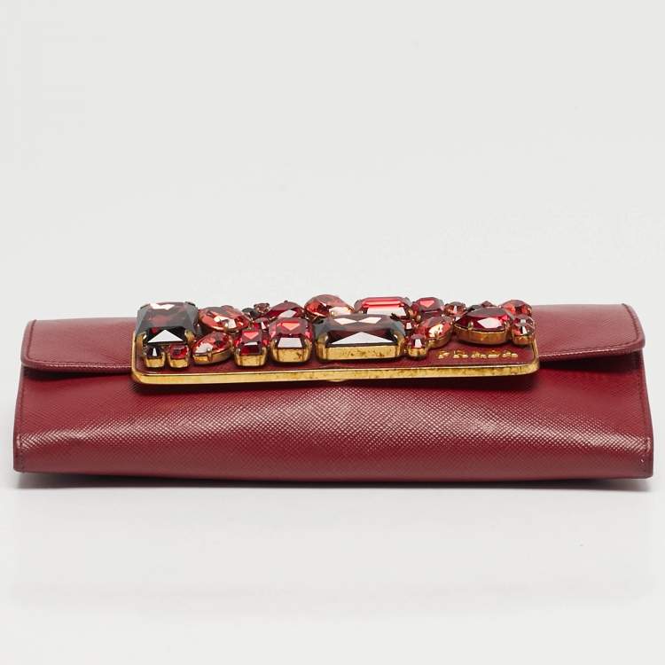 Pre Owned Prada Dark Red Leather Crystal Embellished Flap Continental Wallet