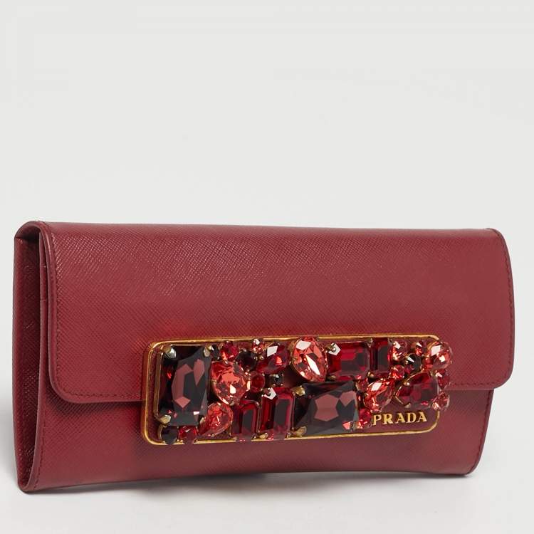 Pre Owned Prada Dark Red Leather Crystal Embellished Flap Continental Wallet
