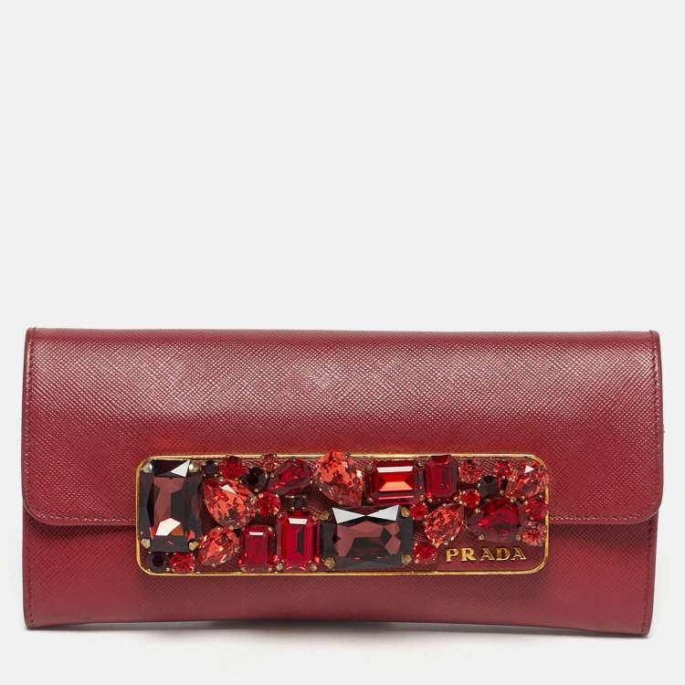 Pre Owned Prada Dark Red Leather Crystal Embellished Flap Continental Wallet