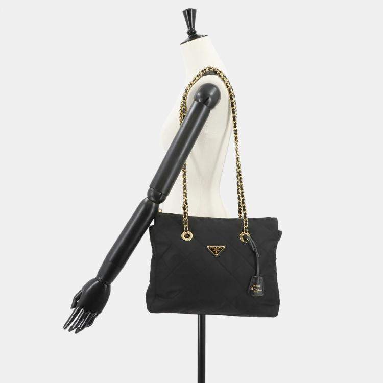 Pre Owned Prada Chain Black Nylon Saffiano Leather Tote Bag
