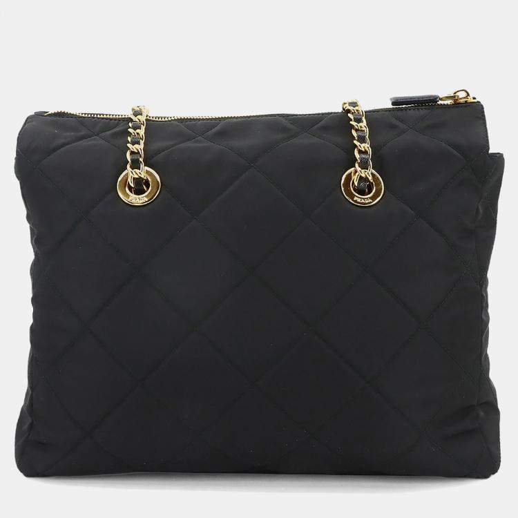 Pre Owned Prada Chain Black Nylon Saffiano Leather Tote Bag