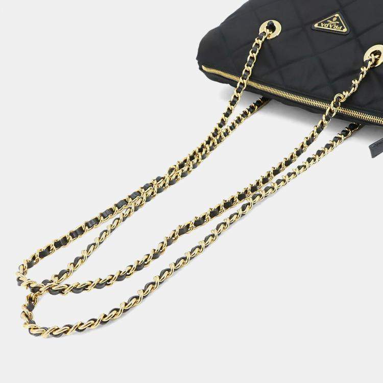 Pre Owned Prada Chain Black Nylon Saffiano Leather Tote Bag