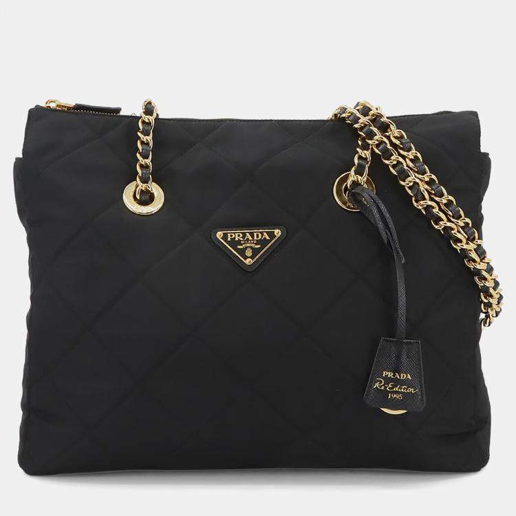 Pre Owned Prada Chain Black Nylon Saffiano Leather Tote Bag