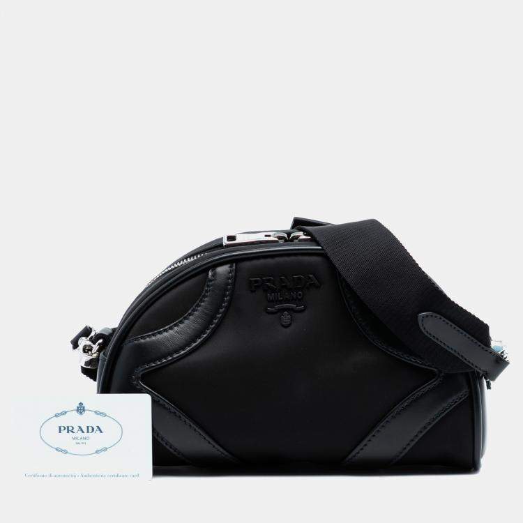 Pre Owned Prada Black Soft Calf Trimmed Tessuto Bowling Crossbody