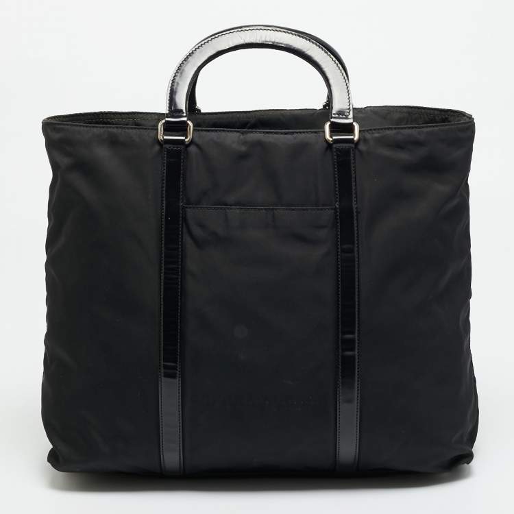 Pre Owned Prada Top Zip Black Nylon and Patent Leather Tote
