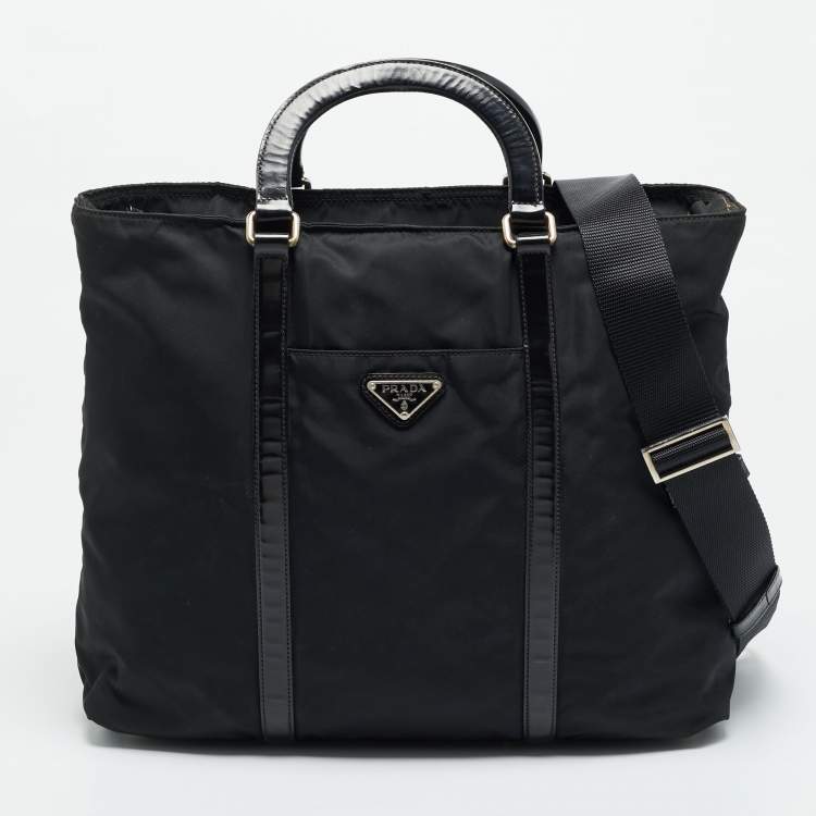 Pre Owned Prada Top Zip Black Nylon and Patent Leather Tote