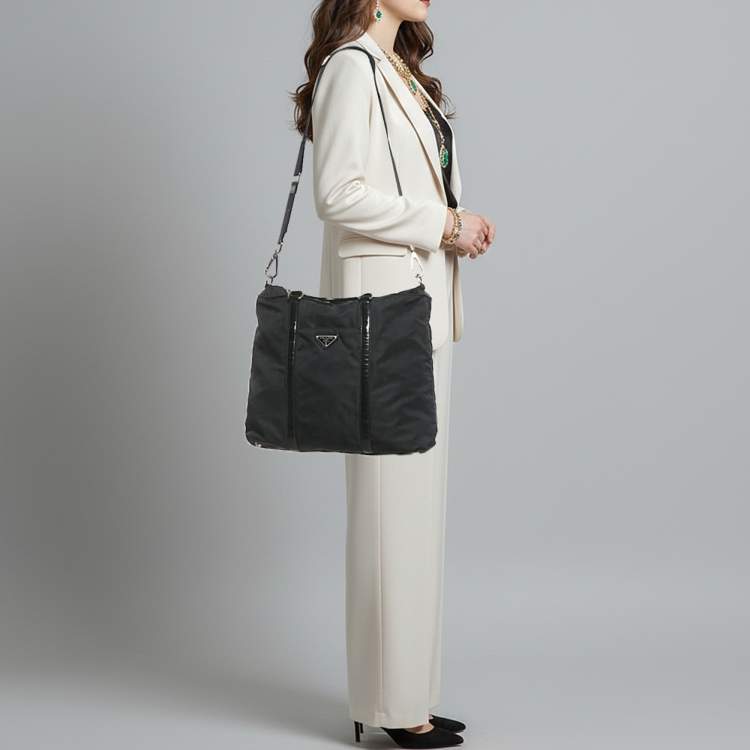 Pre Owned Prada Top Zip Black Nylon and Patent Leather Tote