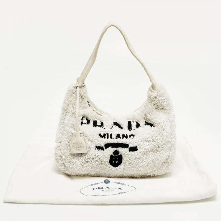 Pre Owned Prada Re-Edition 2000 Off White/Black Terrycloth Fabric Shoulder Bag