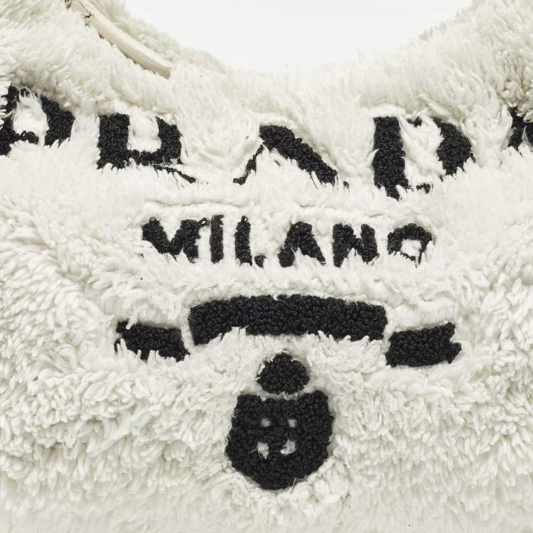 Pre Owned Prada Re-Edition 2000 Off White/Black Terrycloth Fabric Shoulder Bag