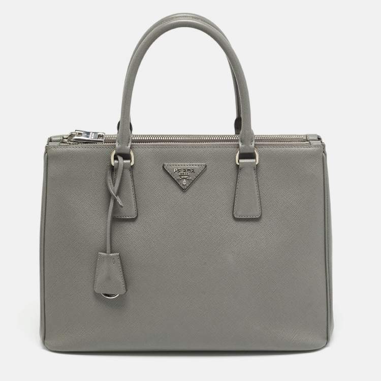 Pre Owned Prada Galleria Double Zip Medium Grey Saffiano Lux Leather Tote