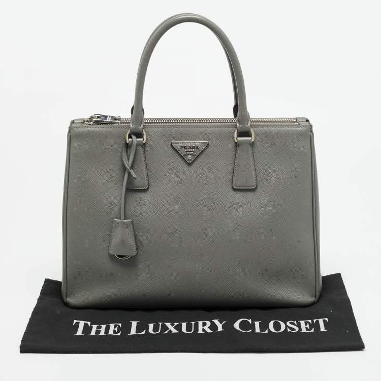 Pre Owned Prada Galleria Double Zip Medium Grey Saffiano Lux Leather Tote