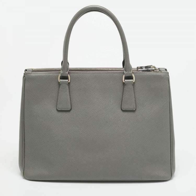 Pre Owned Prada Galleria Double Zip Medium Grey Saffiano Lux Leather Tote
