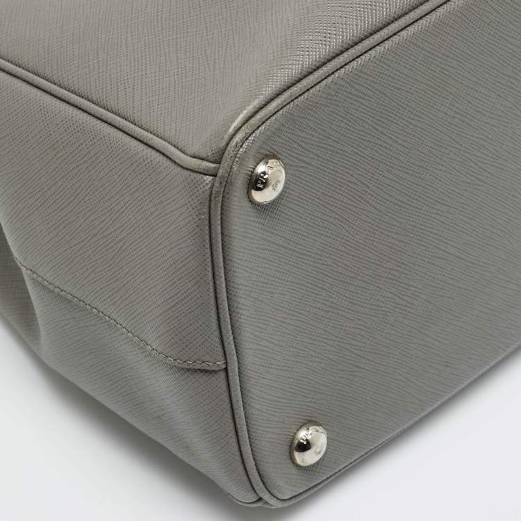 Pre Owned Prada Galleria Double Zip Medium Grey Saffiano Lux Leather Tote