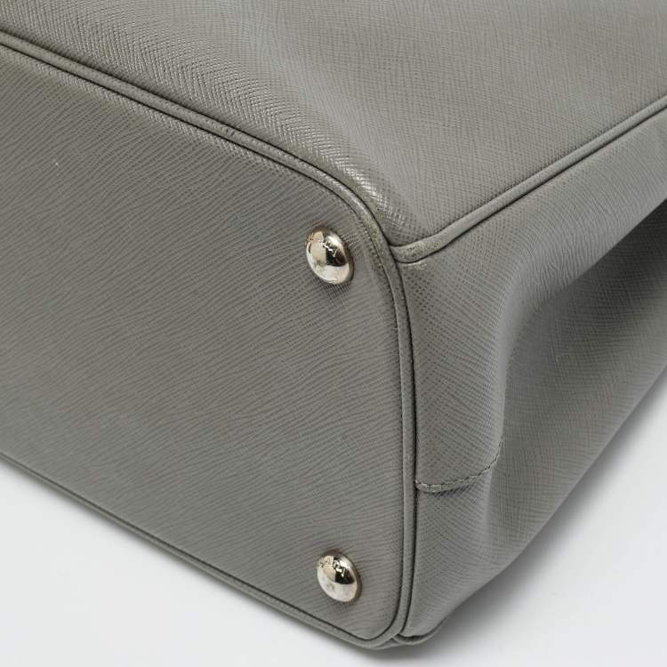 Pre Owned Prada Galleria Double Zip Medium Grey Saffiano Lux Leather Tote