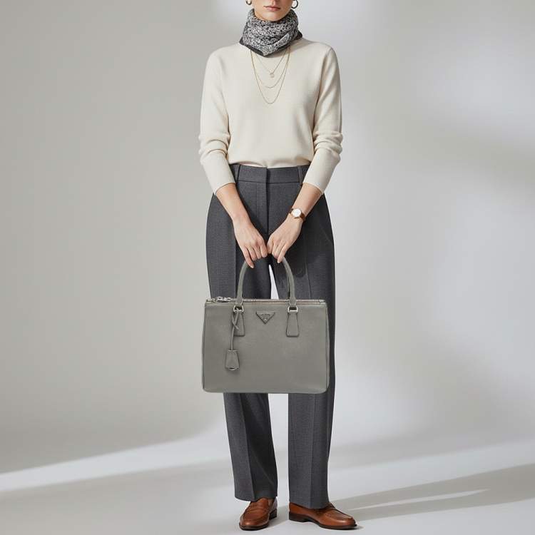 Pre Owned Prada Galleria Double Zip Medium Grey Saffiano Lux Leather Tote