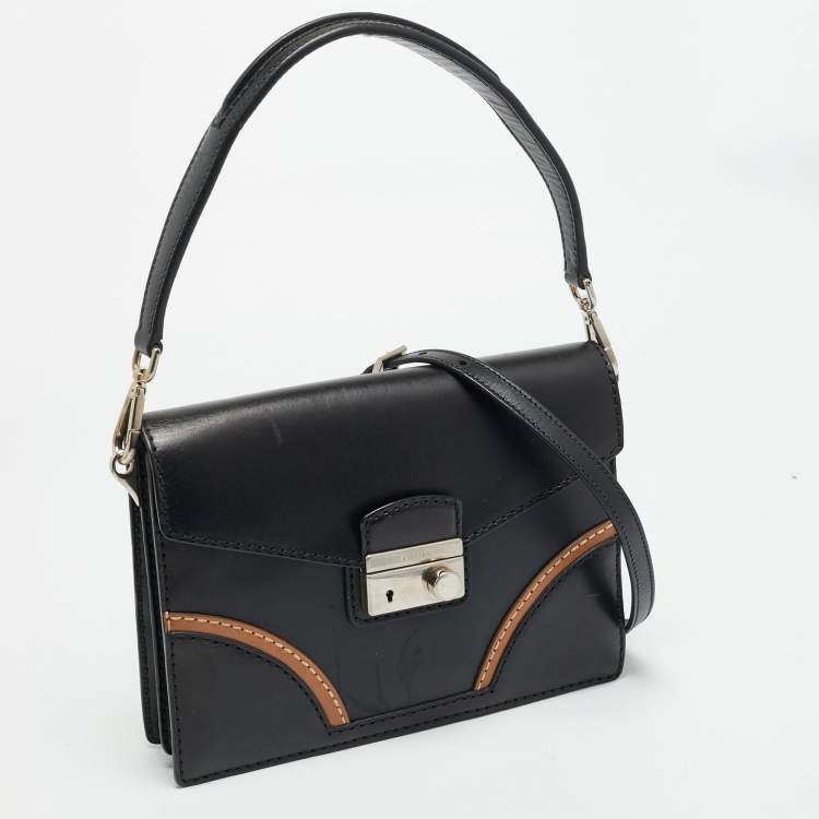 Pre Owned Prada Sound Stitch Black/Brown Vitello Leather Shoulder Bag