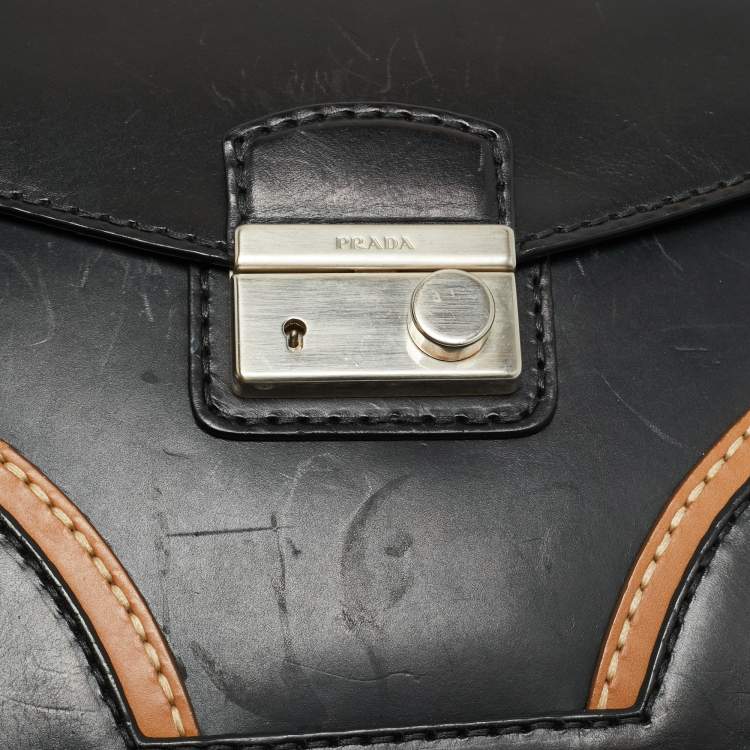 Pre Owned Prada Sound Stitch Black/Brown Vitello Leather Shoulder Bag