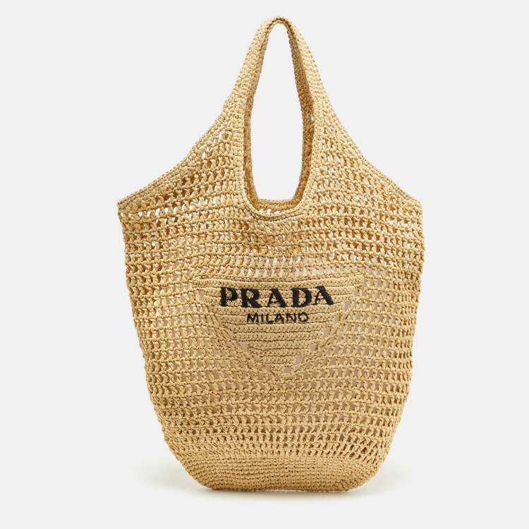 Pre Owned Prada Logo Cream/Black Woven Raffia Beach Bag