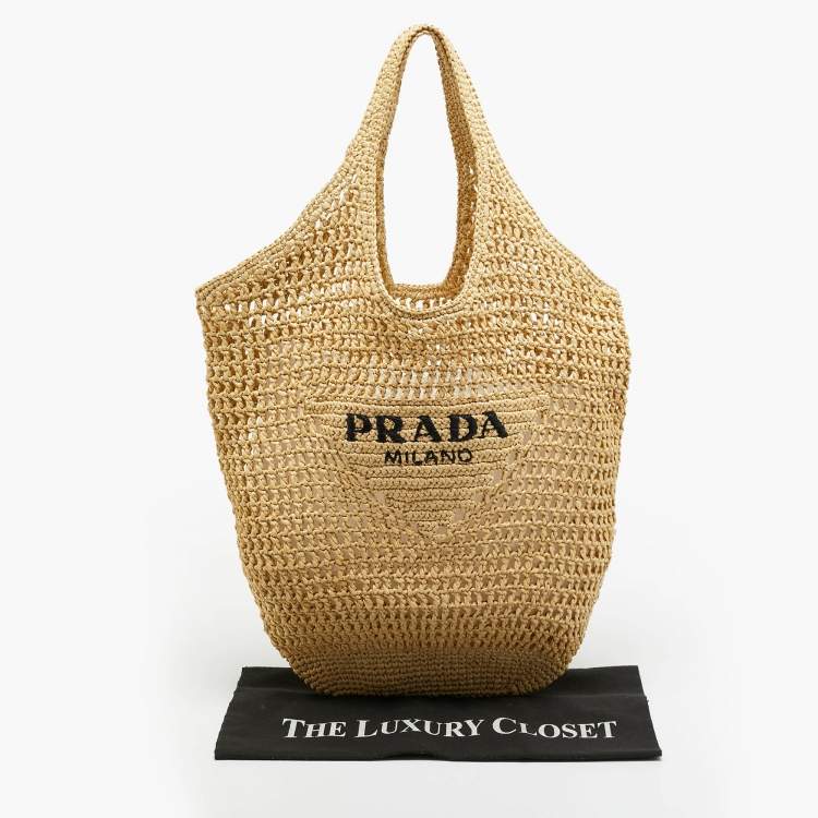 Pre Owned Prada Logo Cream/Black Woven Raffia Beach Bag