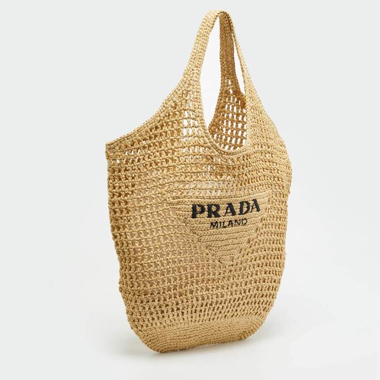 Pre Owned Prada Logo Cream/Black Woven Raffia Beach Bag