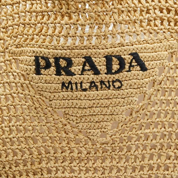 Pre Owned Prada Logo Cream/Black Woven Raffia Beach Bag