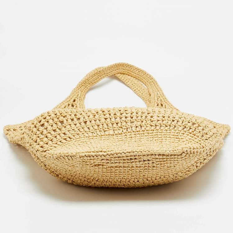 Pre Owned Prada Logo Cream/Black Woven Raffia Beach Bag