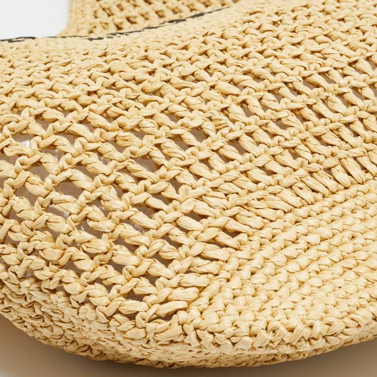 Pre Owned Prada Logo Cream/Black Woven Raffia Beach Bag