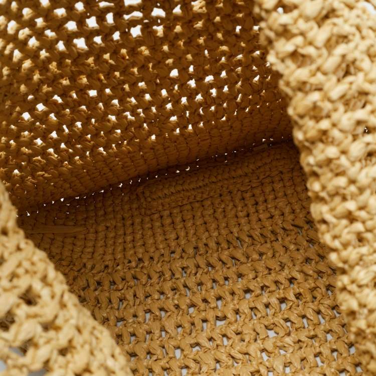 Pre Owned Prada Logo Cream/Black Woven Raffia Beach Bag