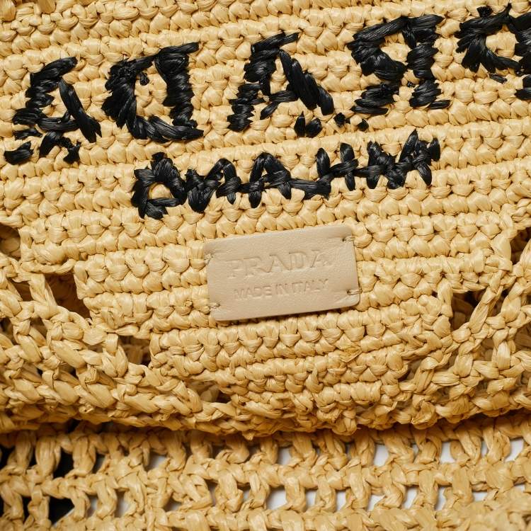 Pre Owned Prada Logo Cream/Black Woven Raffia Beach Bag