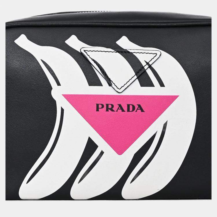 Pre Owned Prada Black Leather Banana Printed Camera Crossbody Bag