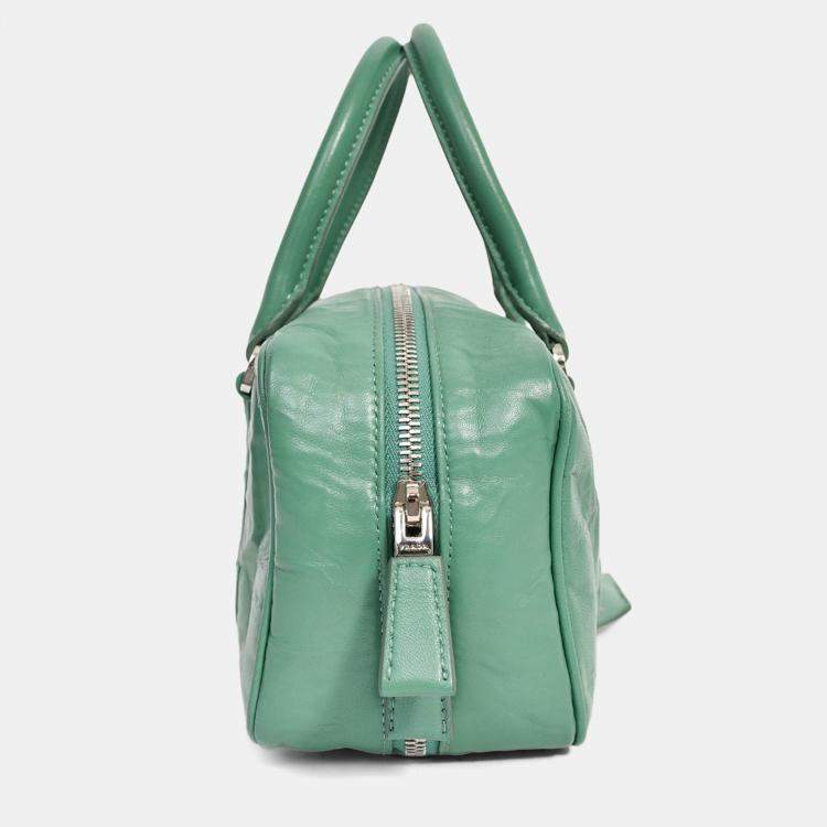Pre Owned Prada Green Antique Nappa Leather Triangle Logo Top Handle