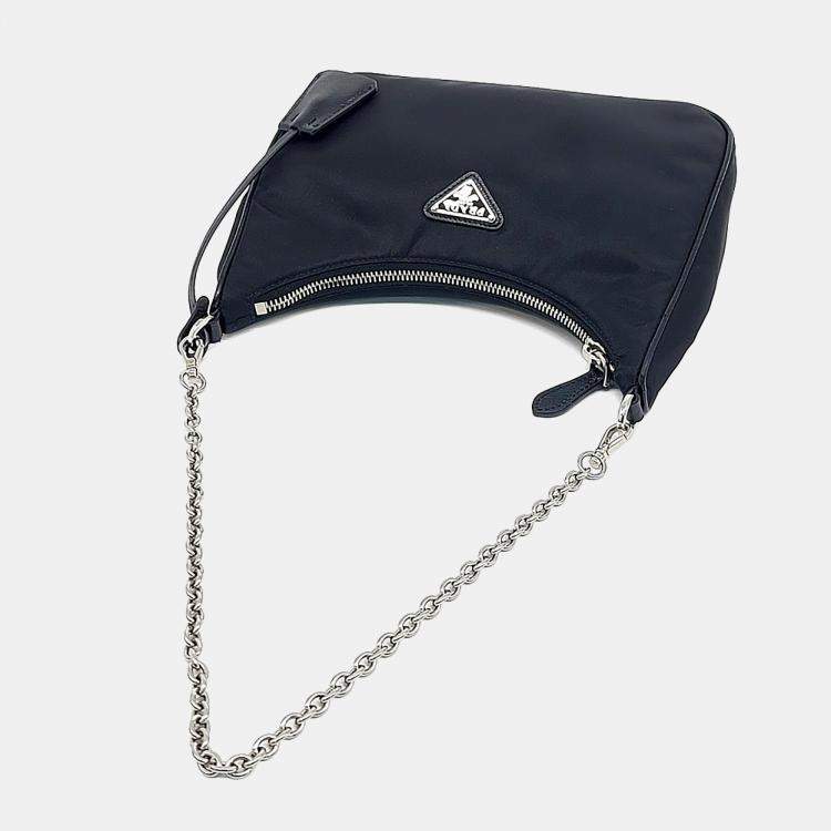 Pre Owned Prada Black Nylon Re-Nylon Tessuto Chain Strap Hobo Bag