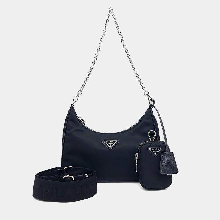 Pre Owned Prada Black Nylon Re-Nylon Tessuto Chain Strap Hobo Bag