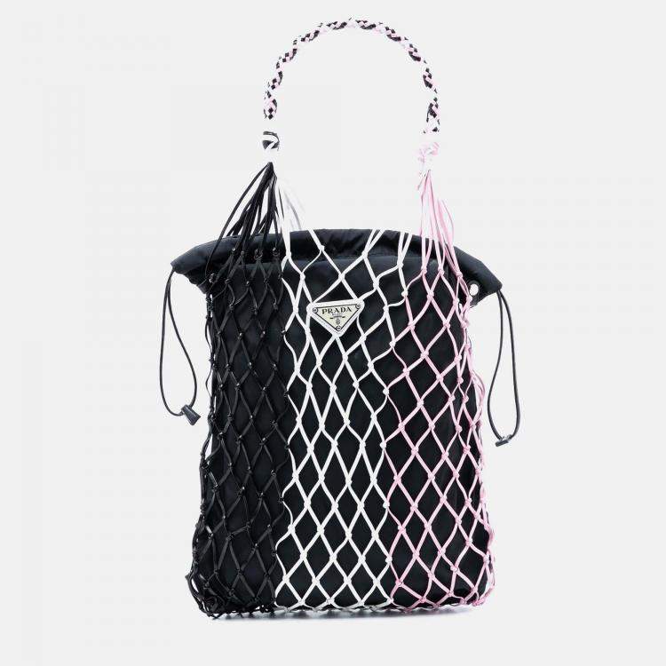 Pre Owned Prada Black Tessuto and Tricolor Rete Drawstring Tote
