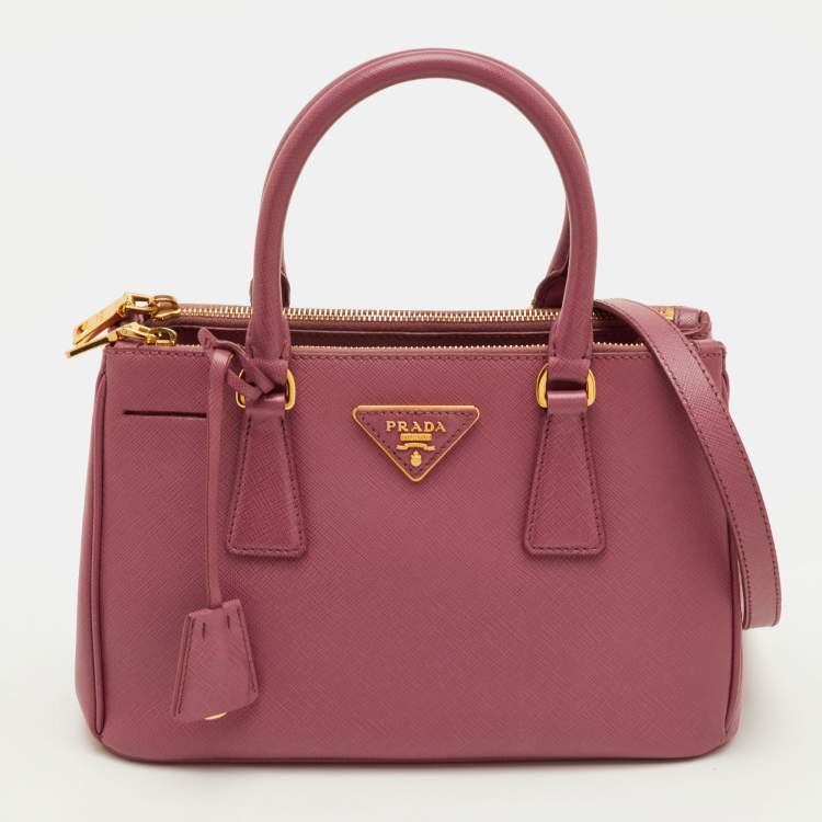 Pre Owned Prada Galleria Small Pink Saffiano Lux Leather Double Zip Tote