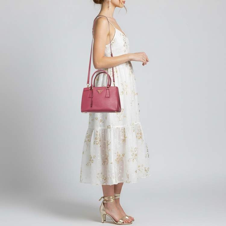 Pre Owned Prada Galleria Small Pink Saffiano Lux Leather Double Zip Tote