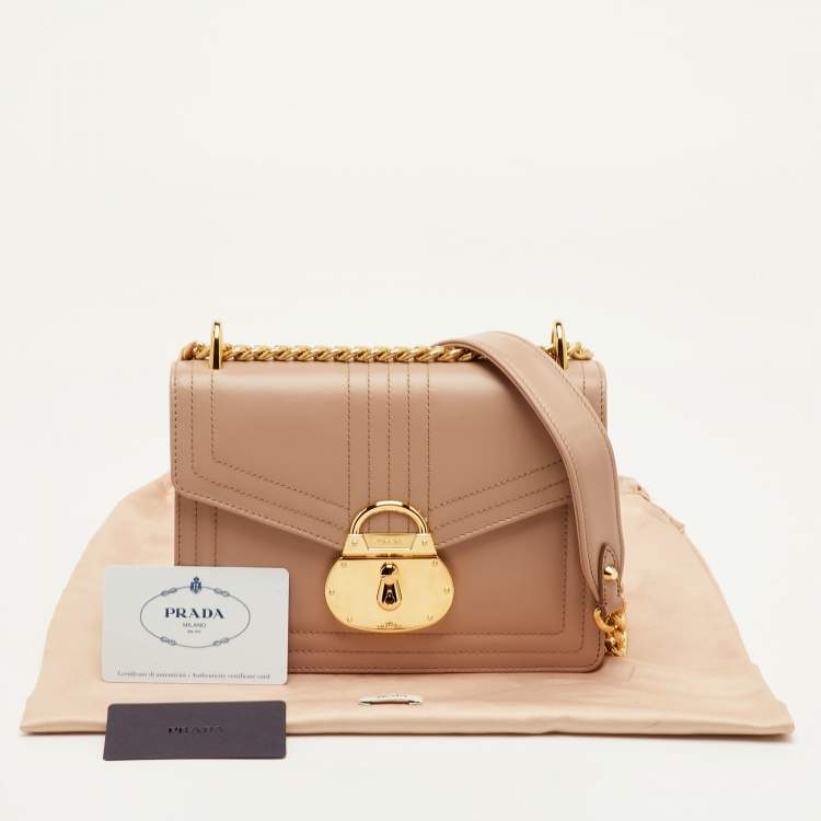 Pre Owned Prada Lock Flap Beige Leather Crossbody Bag