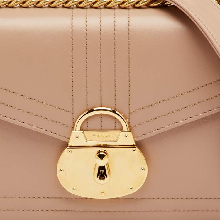 Pre Owned Prada Lock Flap Beige Leather Crossbody Bag