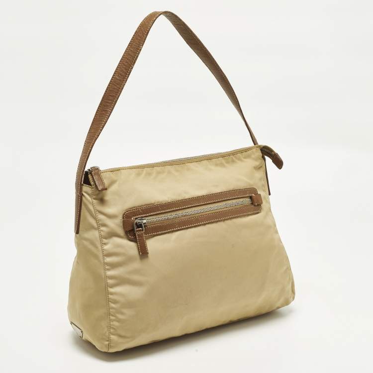 Pre Owned Prada Beige/Brown Nylon Zip Shoulder Bag