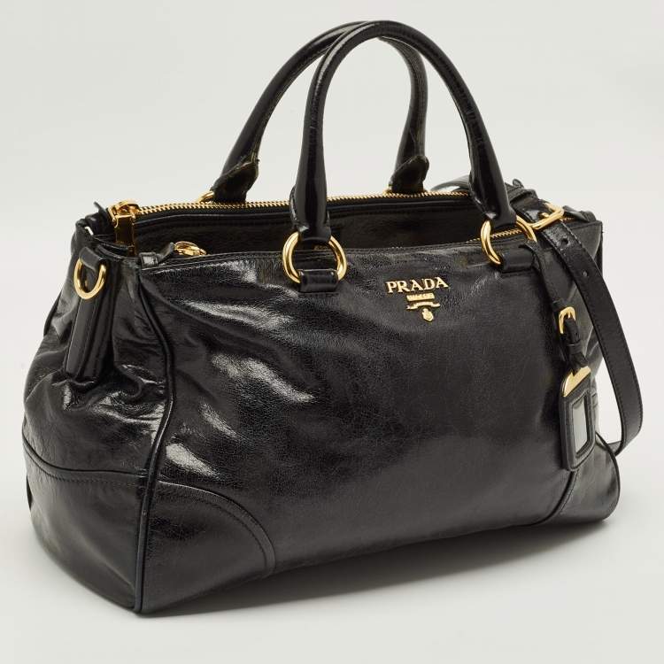 Pre Owned Prada Double Zip Black Vitello Shine Leather Satchel