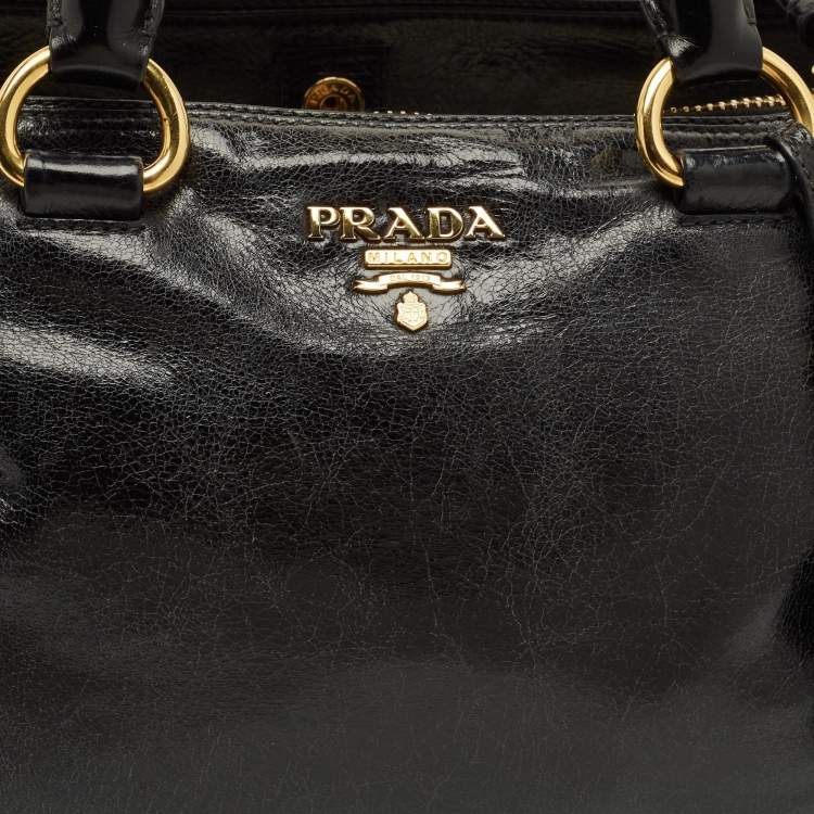 Pre Owned Prada Double Zip Black Vitello Shine Leather Satchel