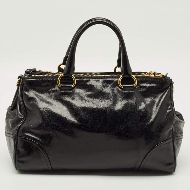 Pre Owned Prada Double Zip Black Vitello Shine Leather Satchel