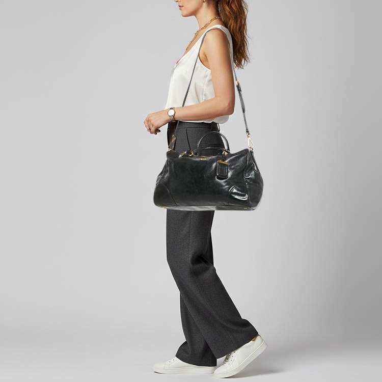 Pre Owned Prada Double Zip Black Vitello Shine Leather Satchel