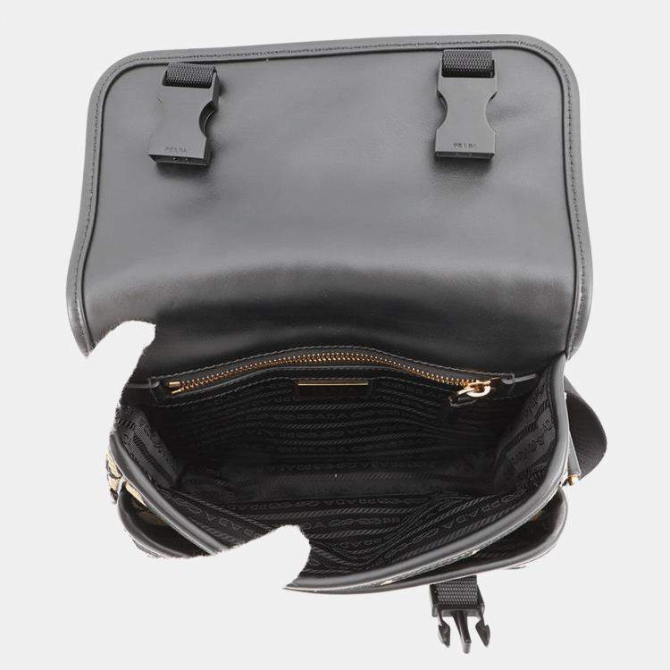 Pre Owned Prada Symbol Embroidery Shoulder Bag Beige/Black Canvas Leather