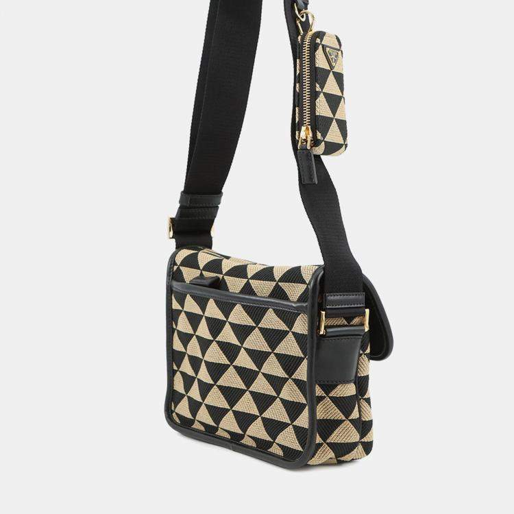 Pre Owned Prada Symbol Embroidery Shoulder Bag Beige/Black Canvas Leather