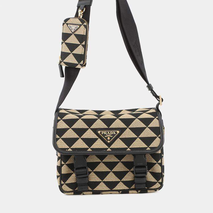 Pre Owned Prada Symbol Embroidery Shoulder Bag Beige/Black Canvas Leather