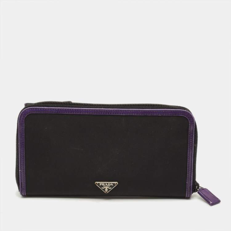 Pre Owned Prada Zip Around Black/Purple Nylon and Patent Leather Wallet