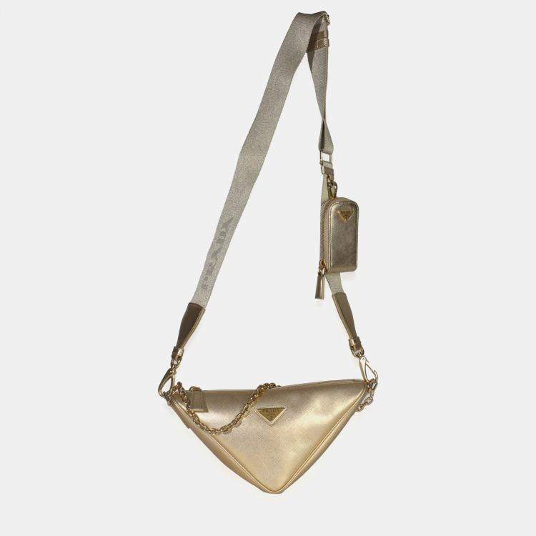 Pre Owned Prada Platino Gold Saffiano Lux Triangle Shoulder Bag